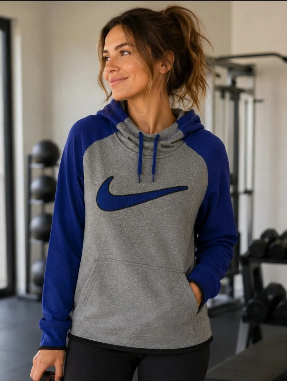 Nike Therma-FIT Hoodie Gray Blue Pullover Sweatshirt Thumbholes Size M